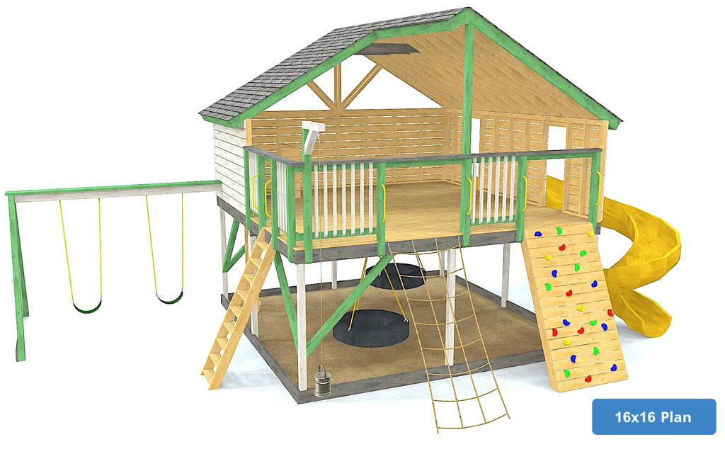 Large 16x16 green elevated backyard playset with swings, slide and rockwall