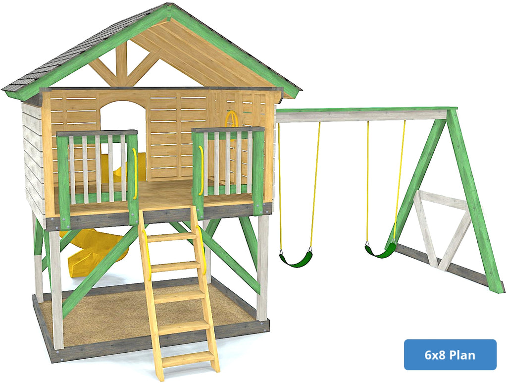 6x8 green elevated backyard playset with swings