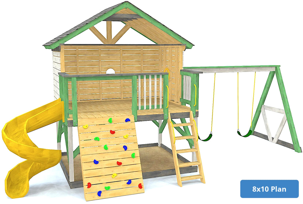 8x10 green elevated backyard playset with swings, slide and rockwall