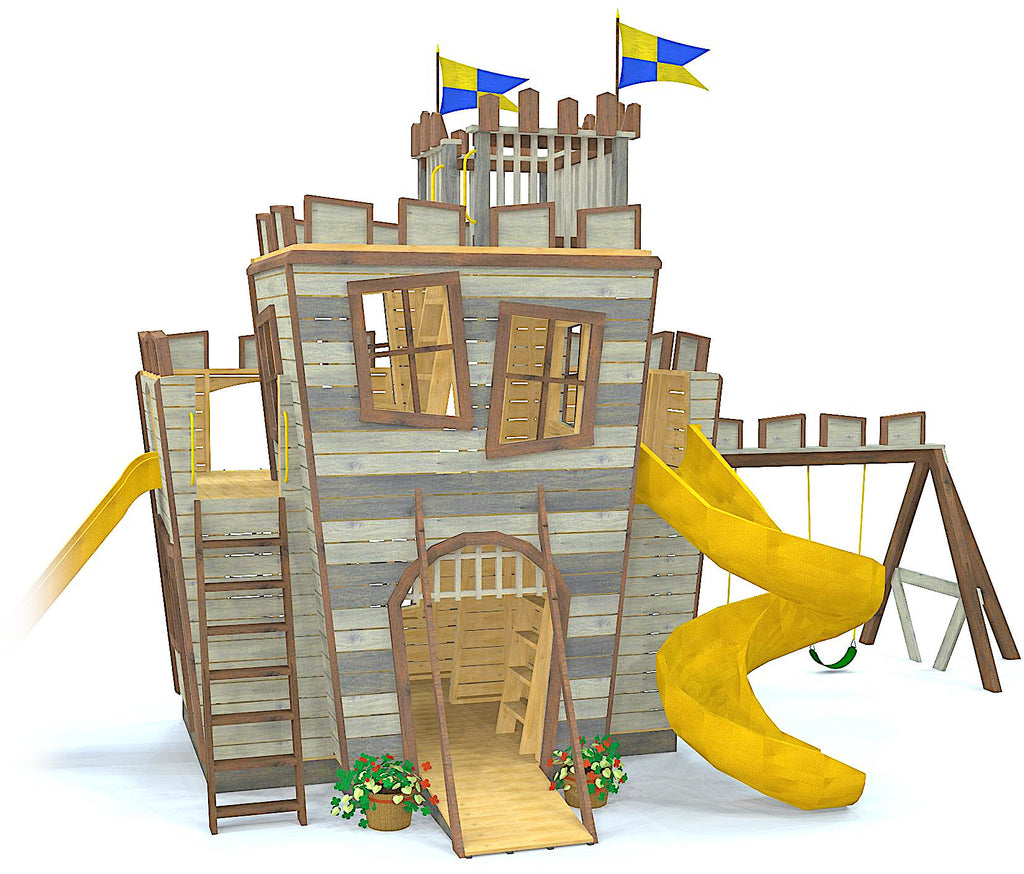 Wacky and crooked DIY outdoor castle playhouse with accessories