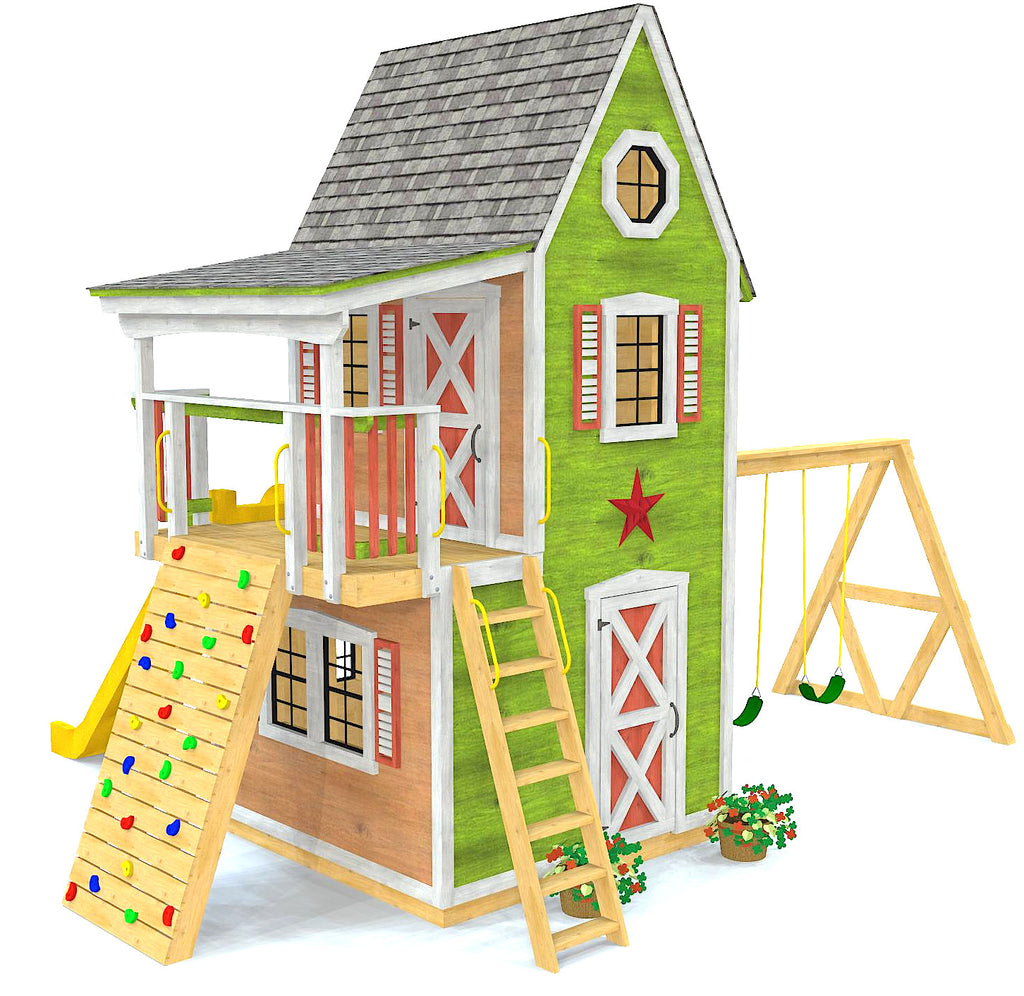 Two level gable playhouse with balcony, rockwall and swingset