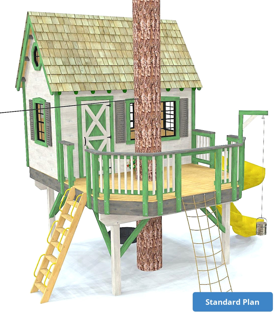 Gable treehouse on elevated, stilted platform with fun accessories