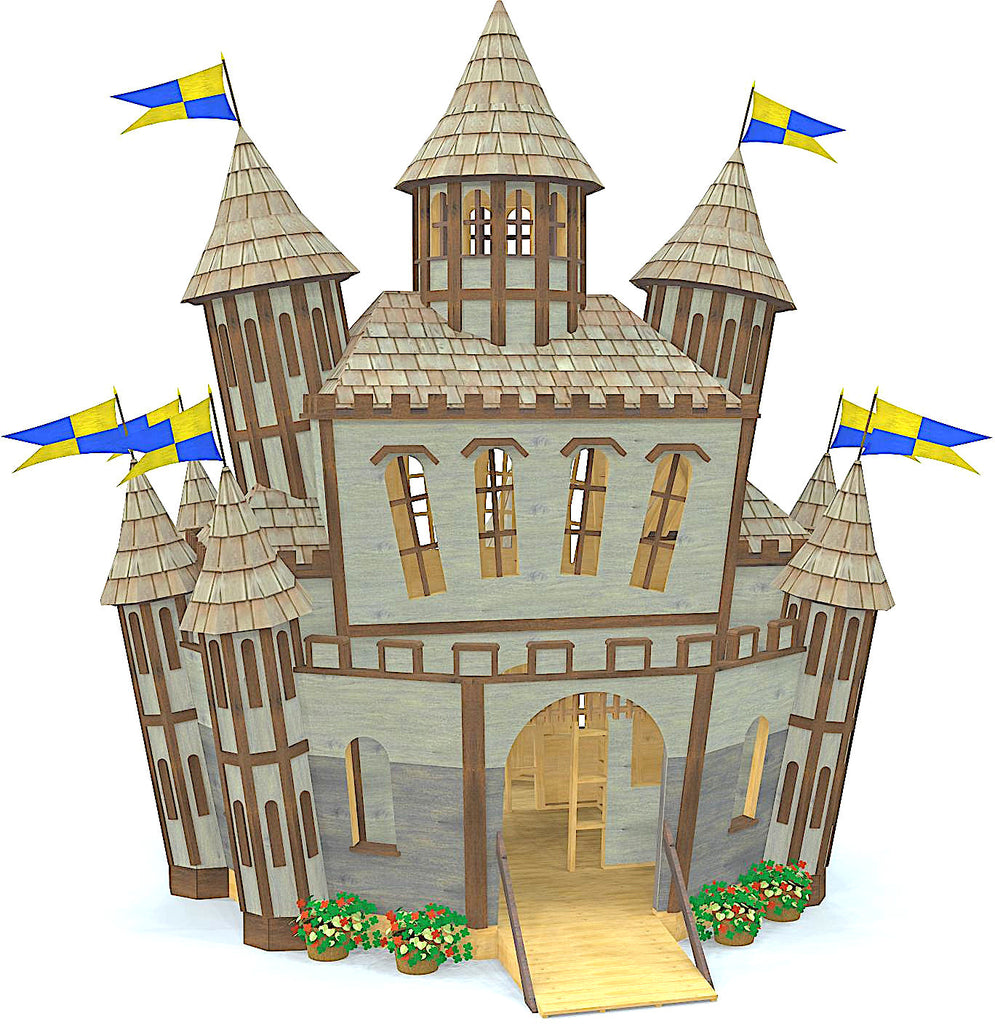 Large whimsical, 3 story outdoor DIY castle playset plan with angled walls