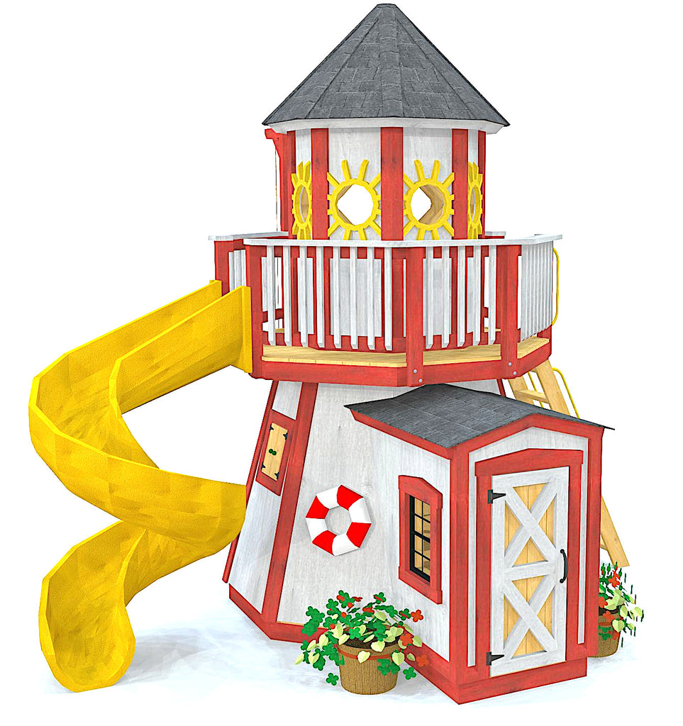 Two level, red lighthouse playhouse plan with slide