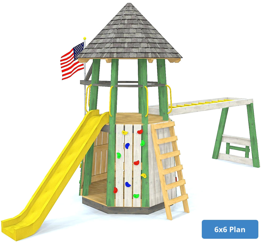 6x6, two level playground play tower with slide and monkey bars