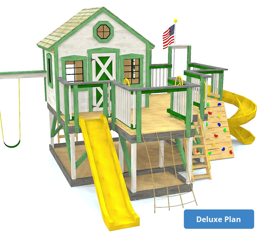 Deluxe size Playhouse Playground Plan - 5' deck height with swings, rockwall, slides and cargonet