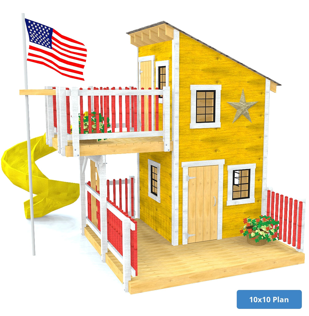 Yellow lean-too playhouse with patio