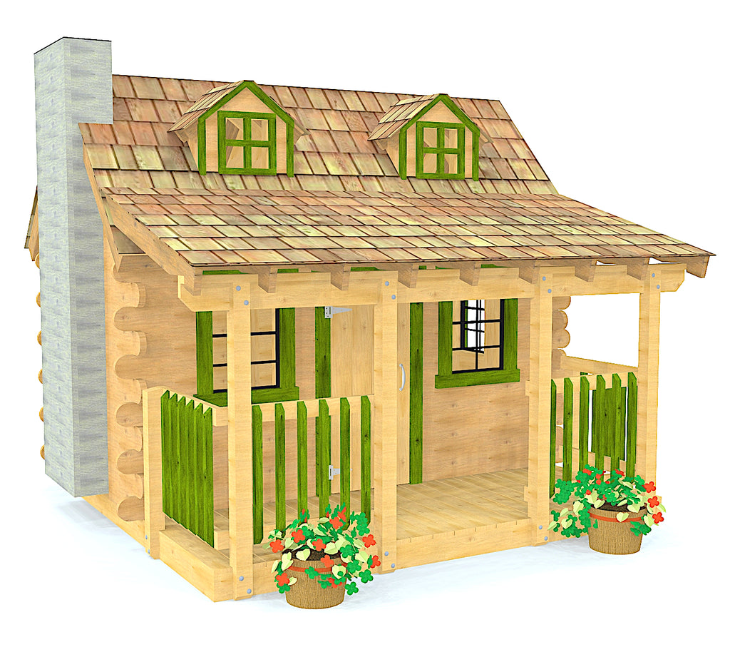 Log Cabin DIY playhouse plan with dormers and front porch