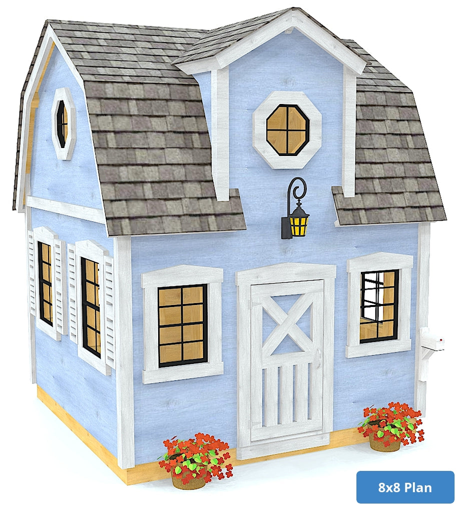 Small Colonial playhouse with single front dormer - blue and white trim