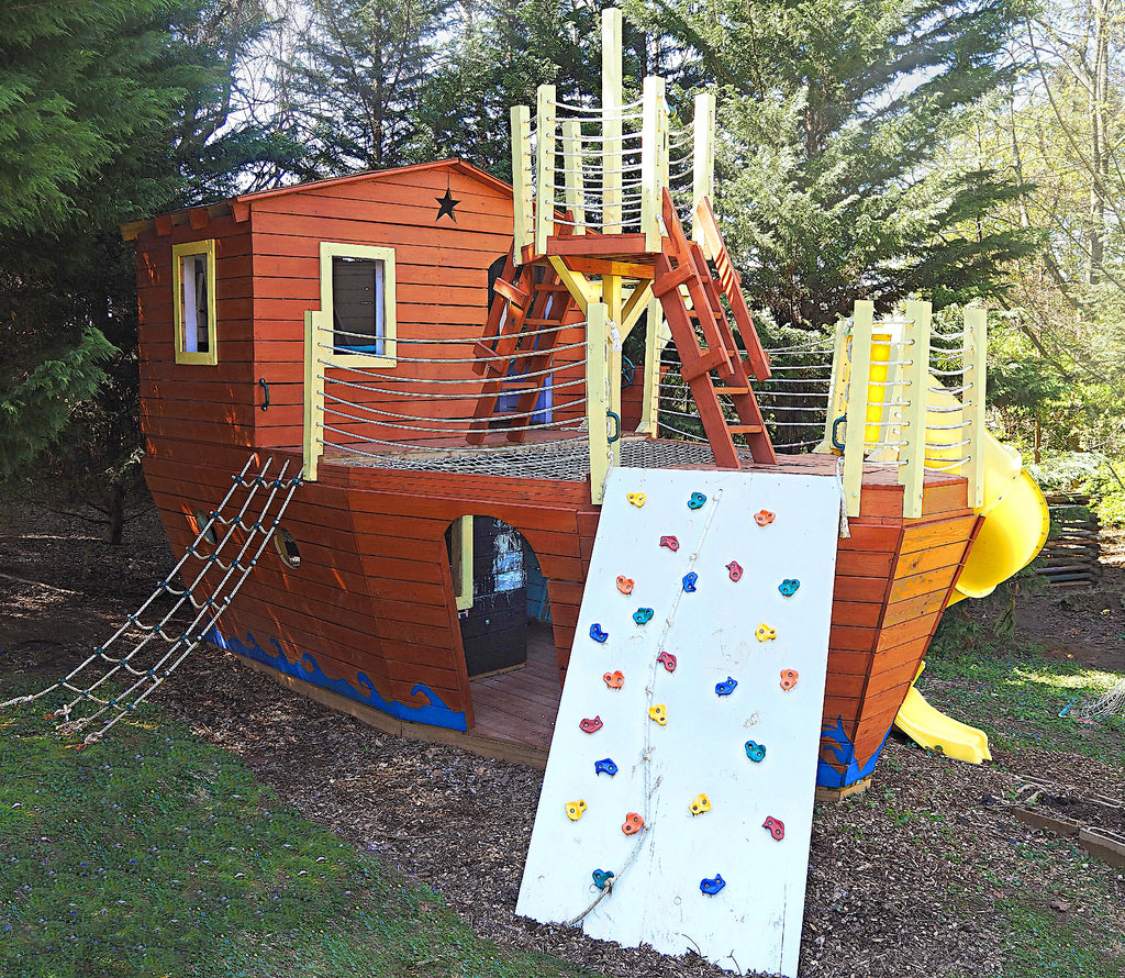Large Pirate Ship playset with hammock, crows nest, cargo net and rock wall