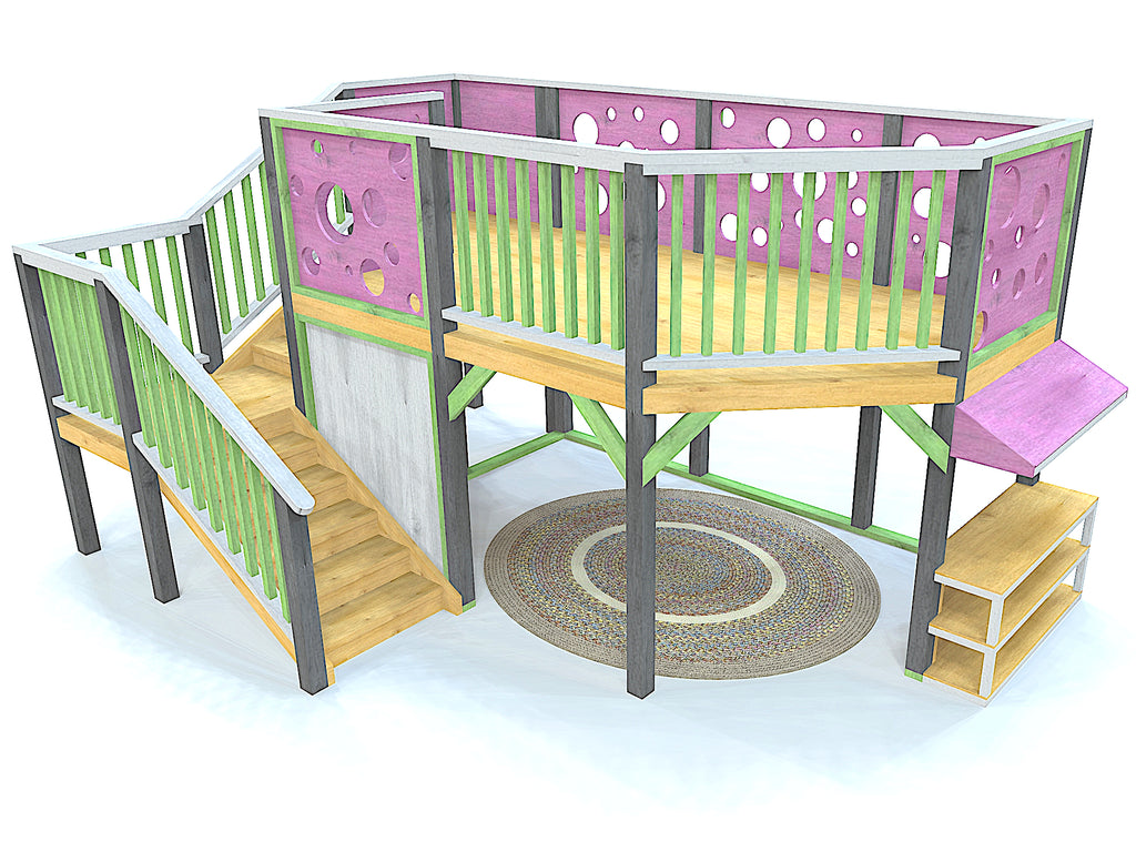 Large DIY classroom reading loft plan with market and stairs