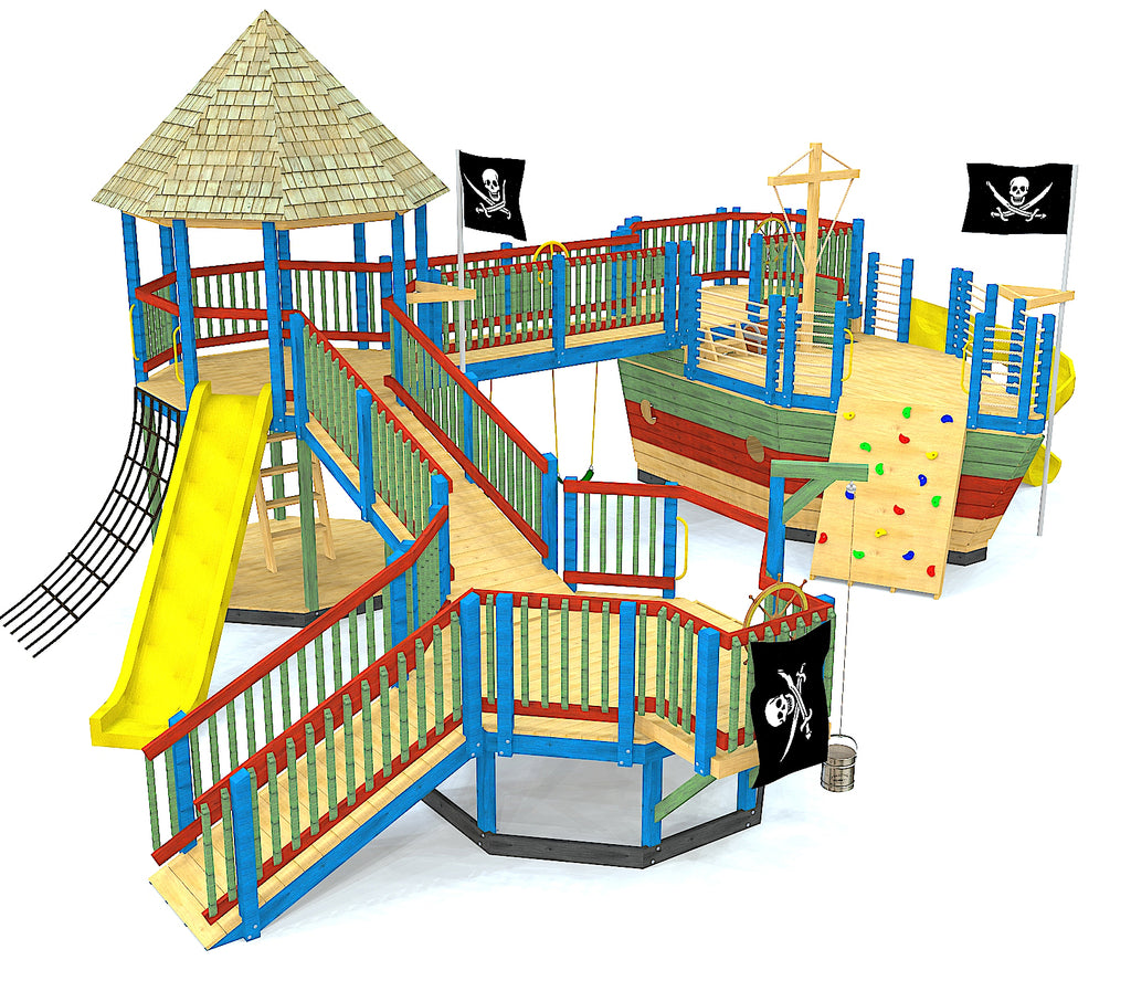 Large, multi-level outdoor playground playset with pirate ship