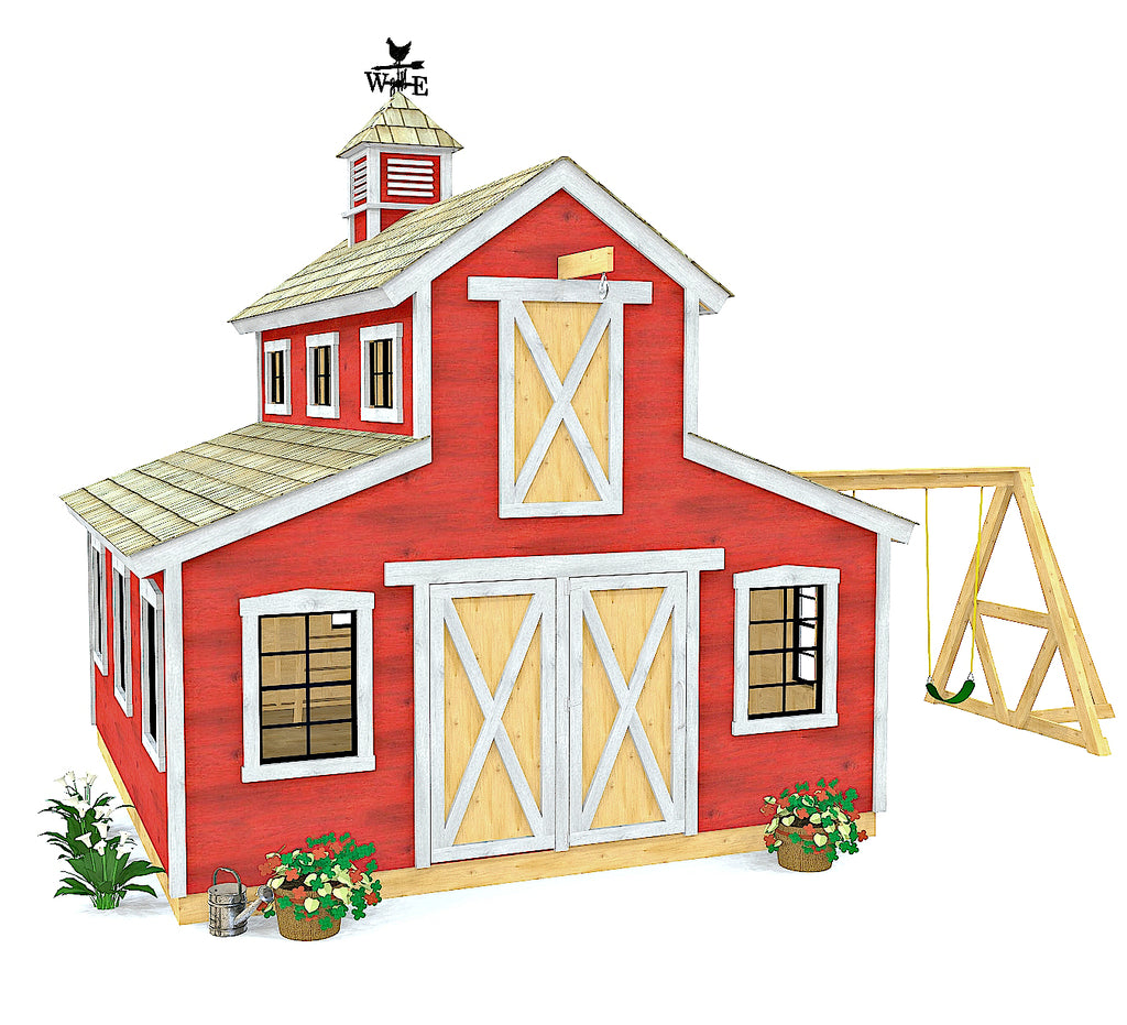 Horse style barn playhouse plan - 2 stories with swing set and cupola