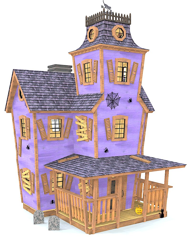 3 story purple Victorian haunted house playhouse plan for kids