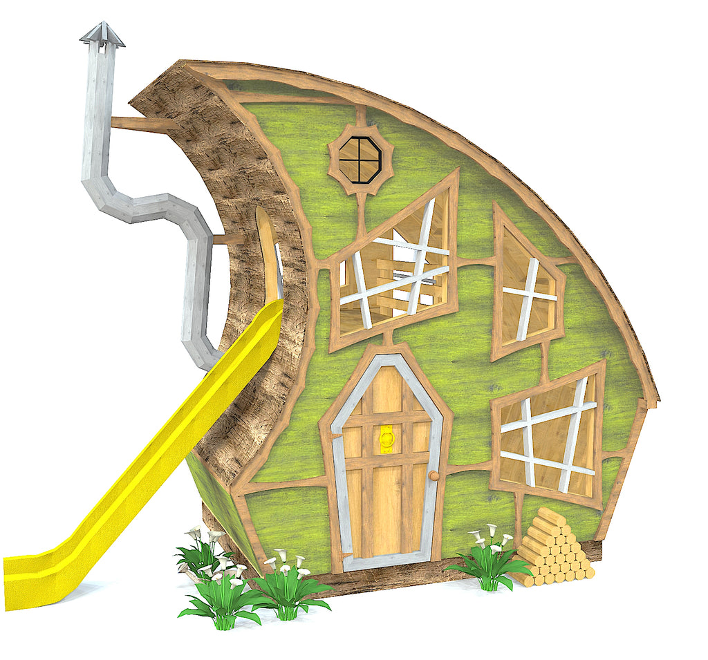 Curved, whimsical and gnome like playhouse with loft, slide and chimney