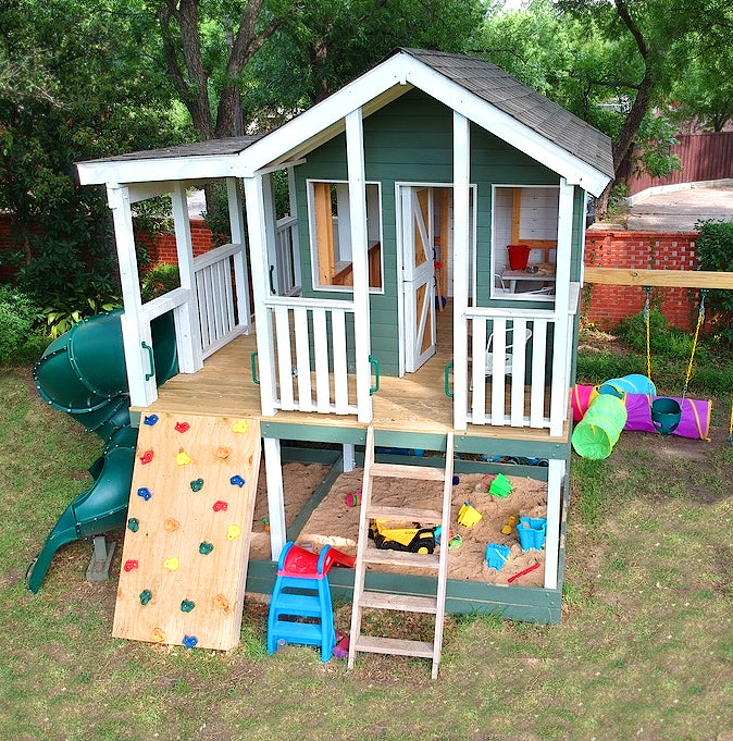Green and white elevated playhouse for kids