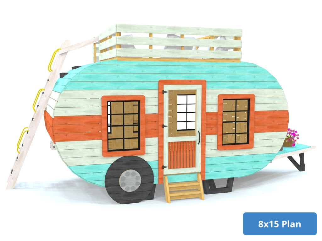 Large retro camper playset with upper loft and ladder for kids