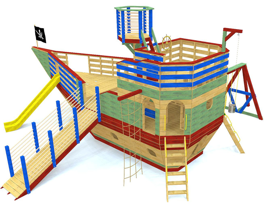 Large pirate ship plan with cargo net, ship ladder, swing-set, gang plank and many other accessories