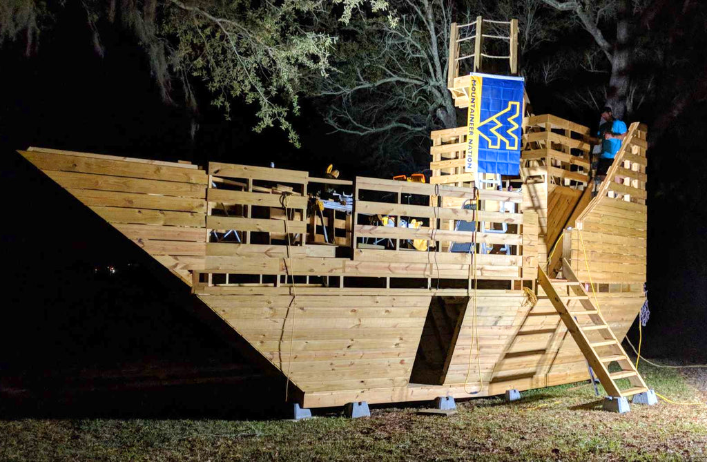 Pirateship playset under construction at night