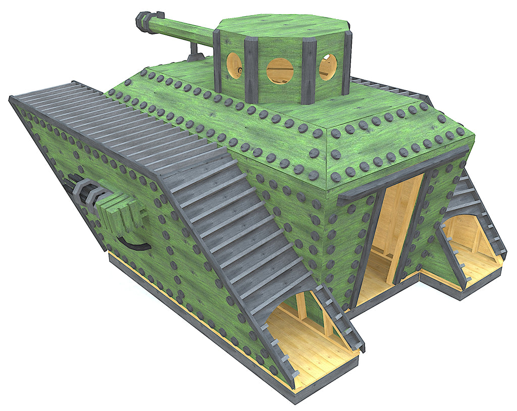 Outdoor tank playset with treds, cannon, minigun and rivets