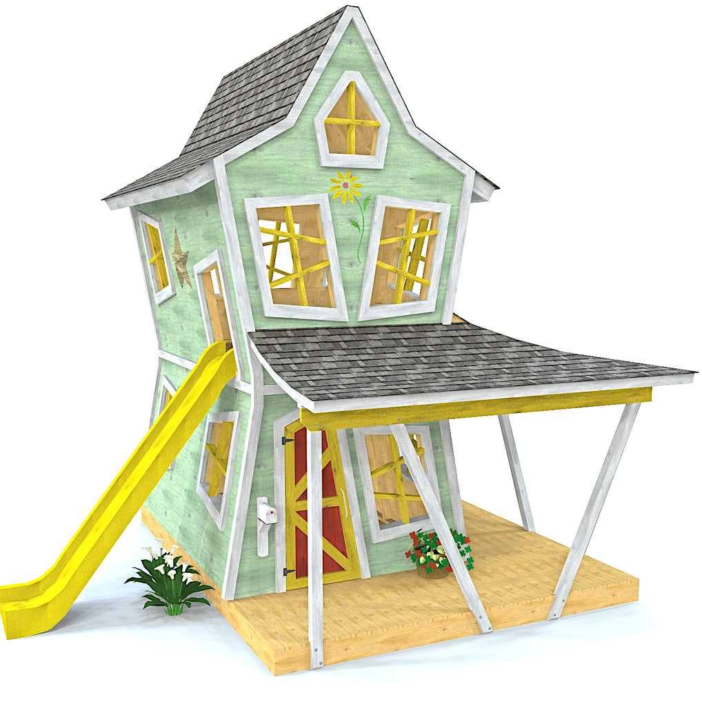 2 story, crooked playhouse with hourglass shape and "L" porch