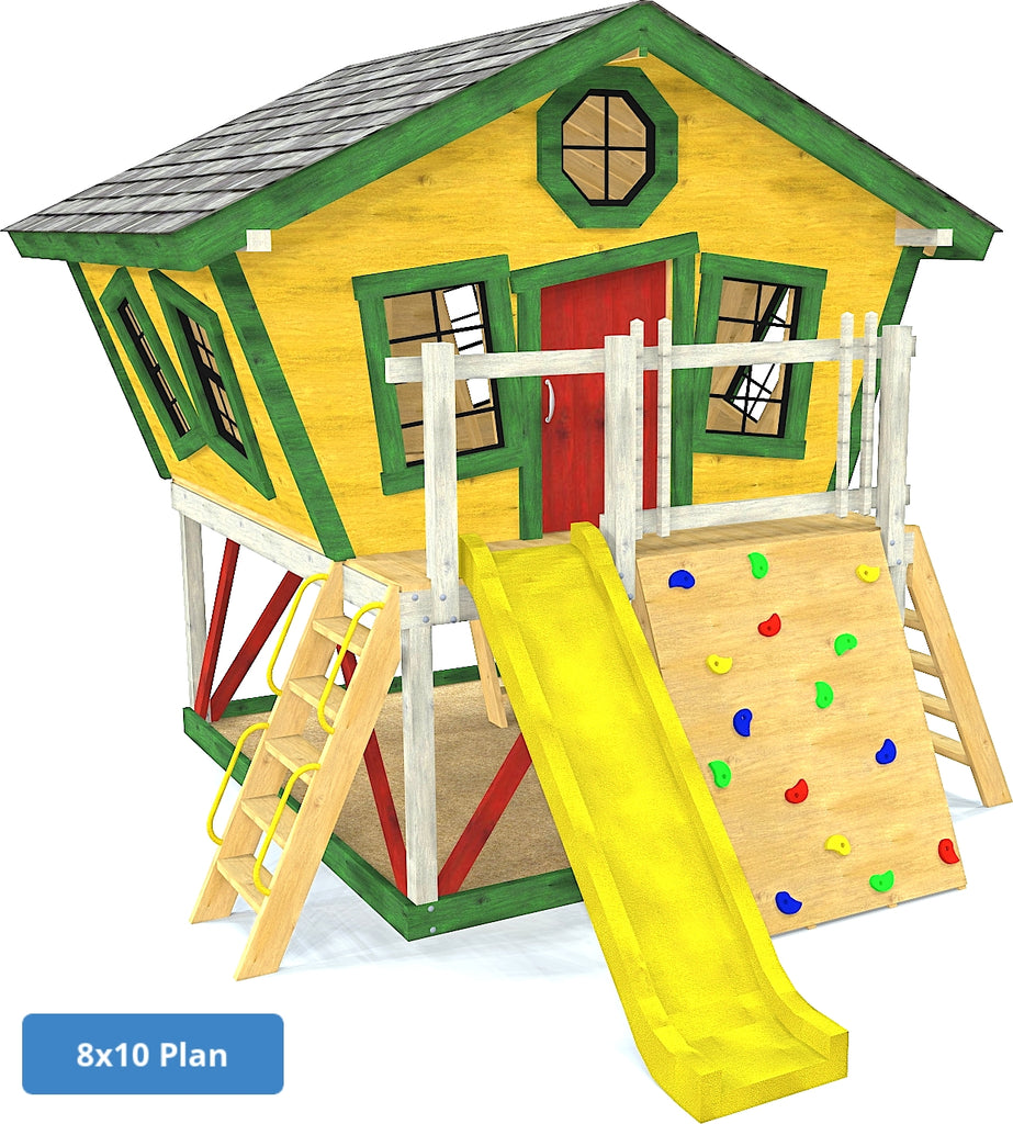 Slanted playhouse plan on posts with rockwall and slide
