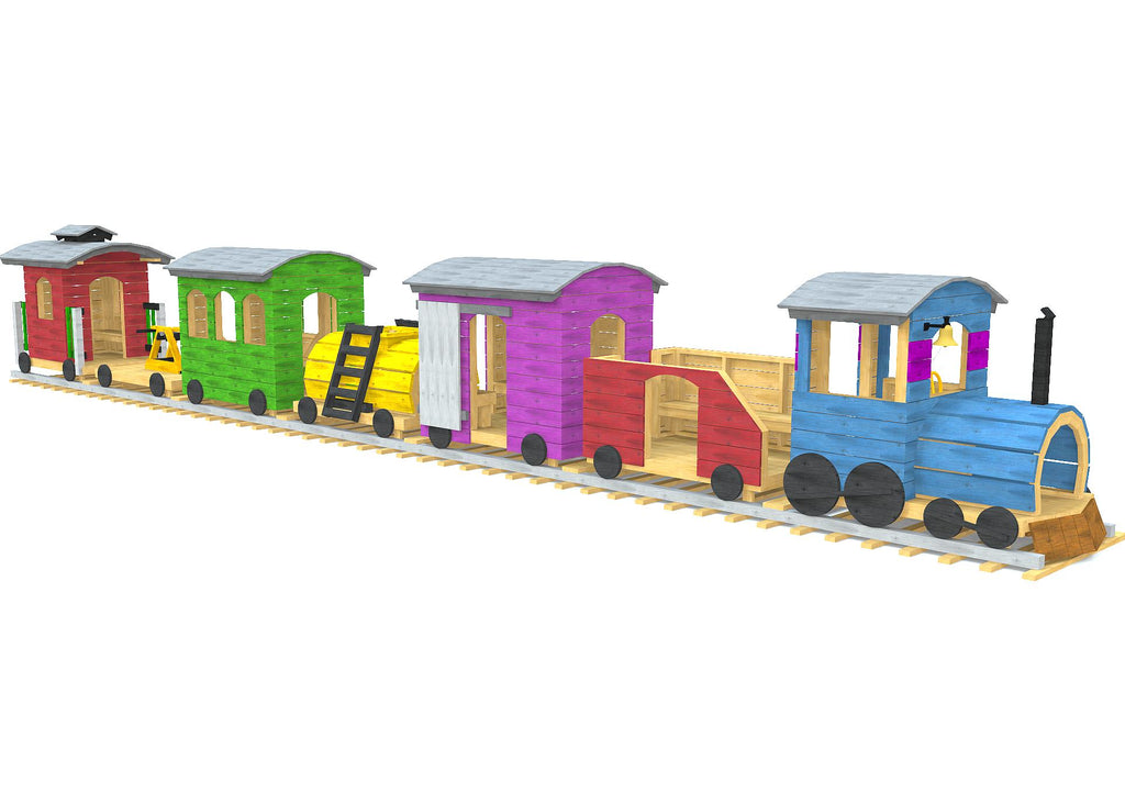 Wooden, playground train playset plan with seven unique cars