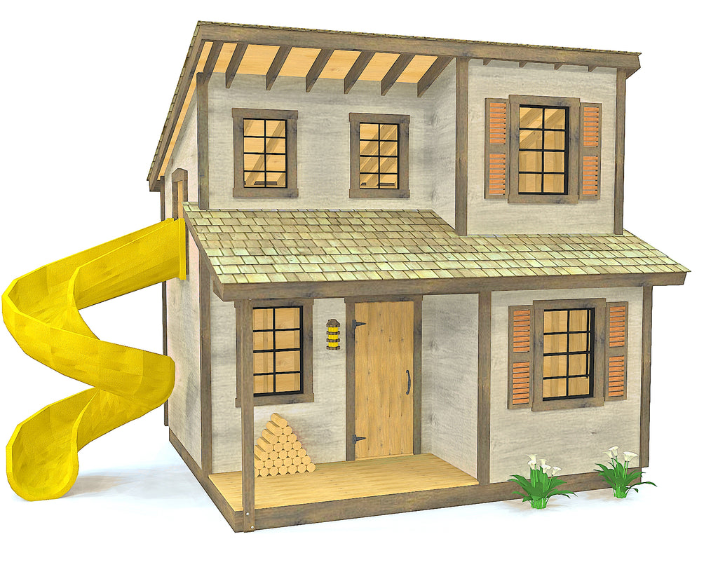 Two story playhouse plan with shed roof, porch and spiral slide