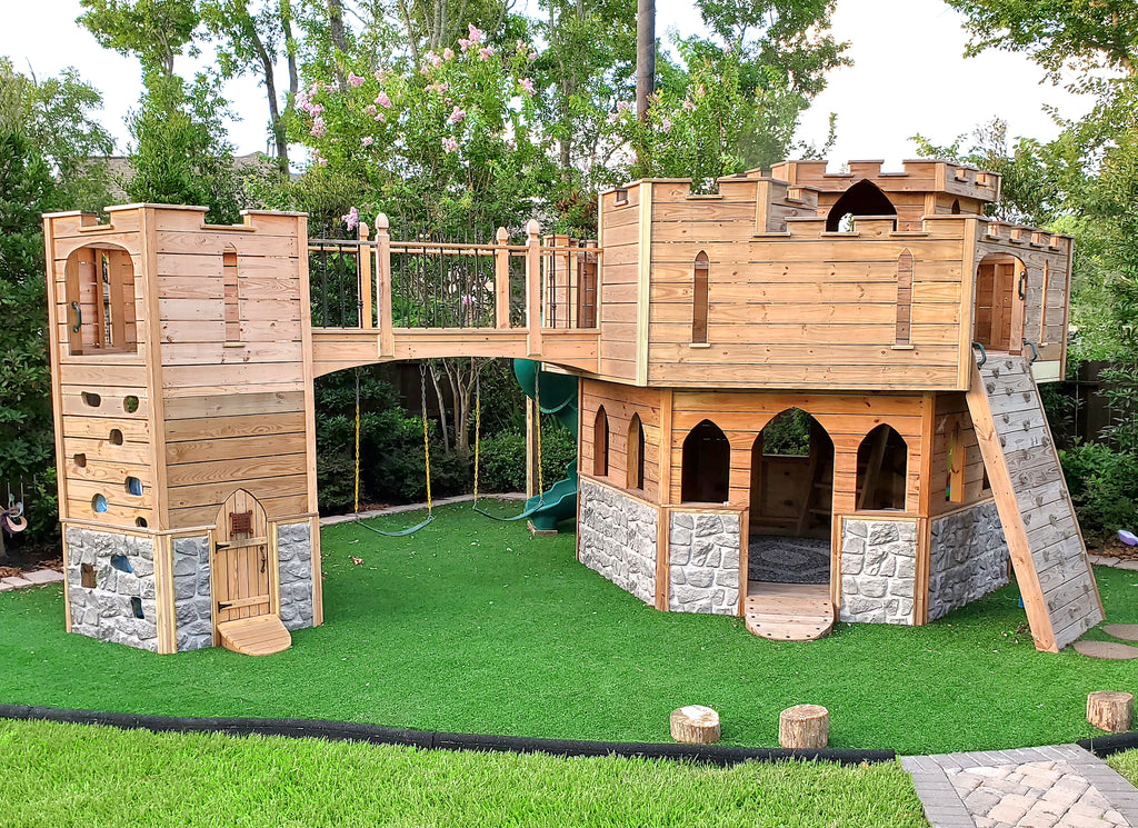 Castle and tower backyard playset with stonework 