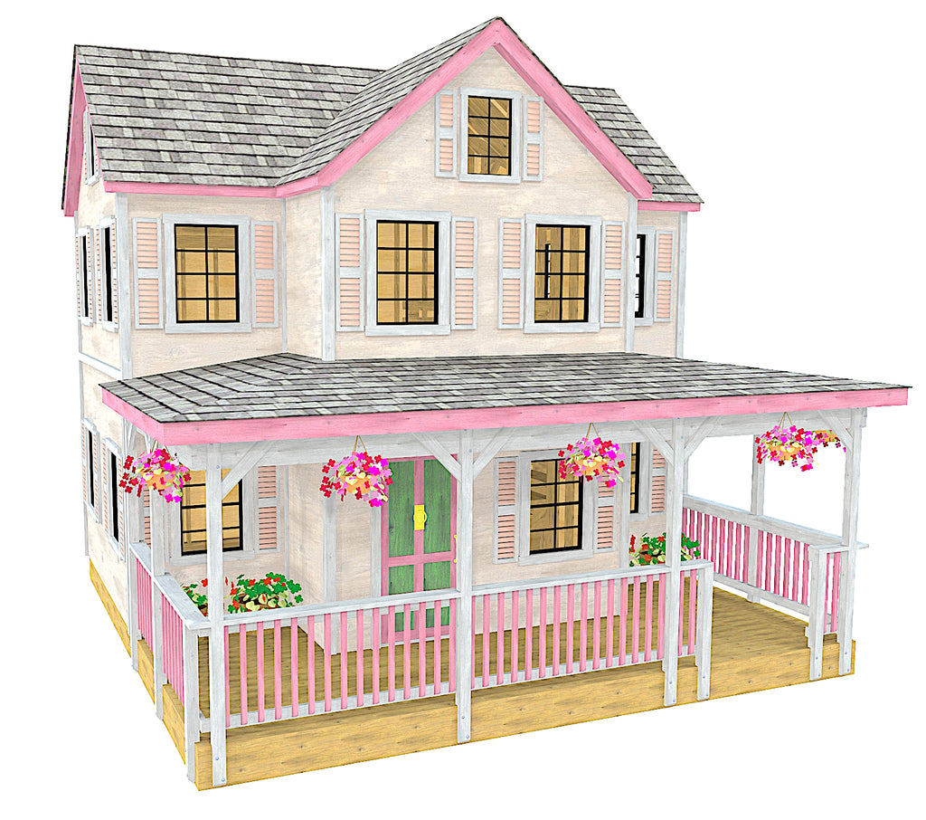 Big girl's playhouse with wrap around porch and flowers, green front door