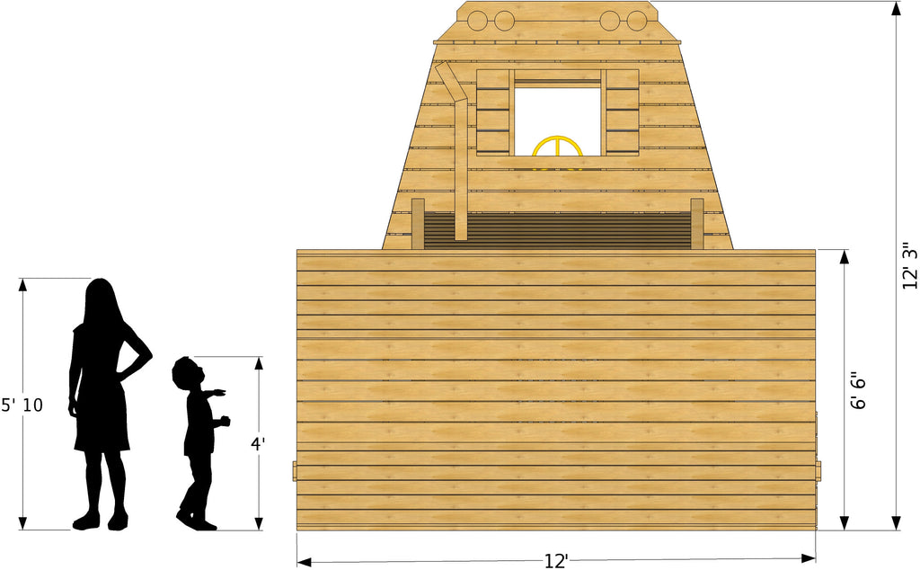 front isometric view of wooden bulldozer playhouse plan