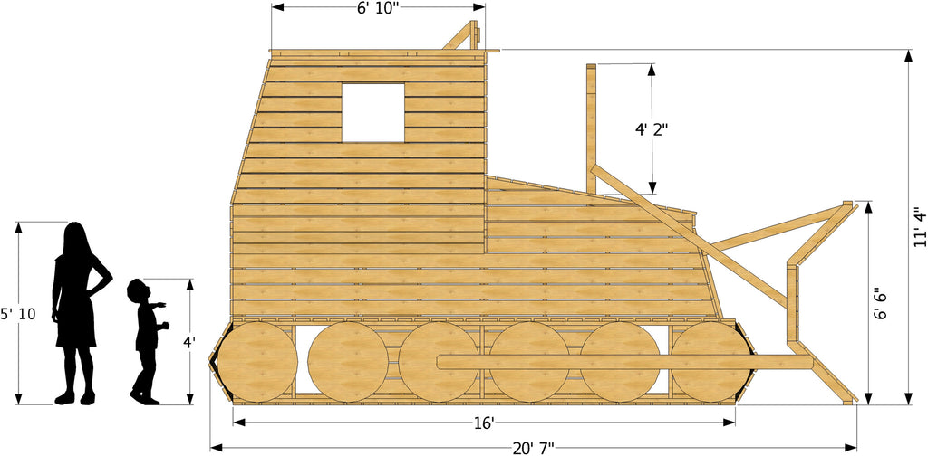 side isometric view of wooden bulldozer playhouse plan