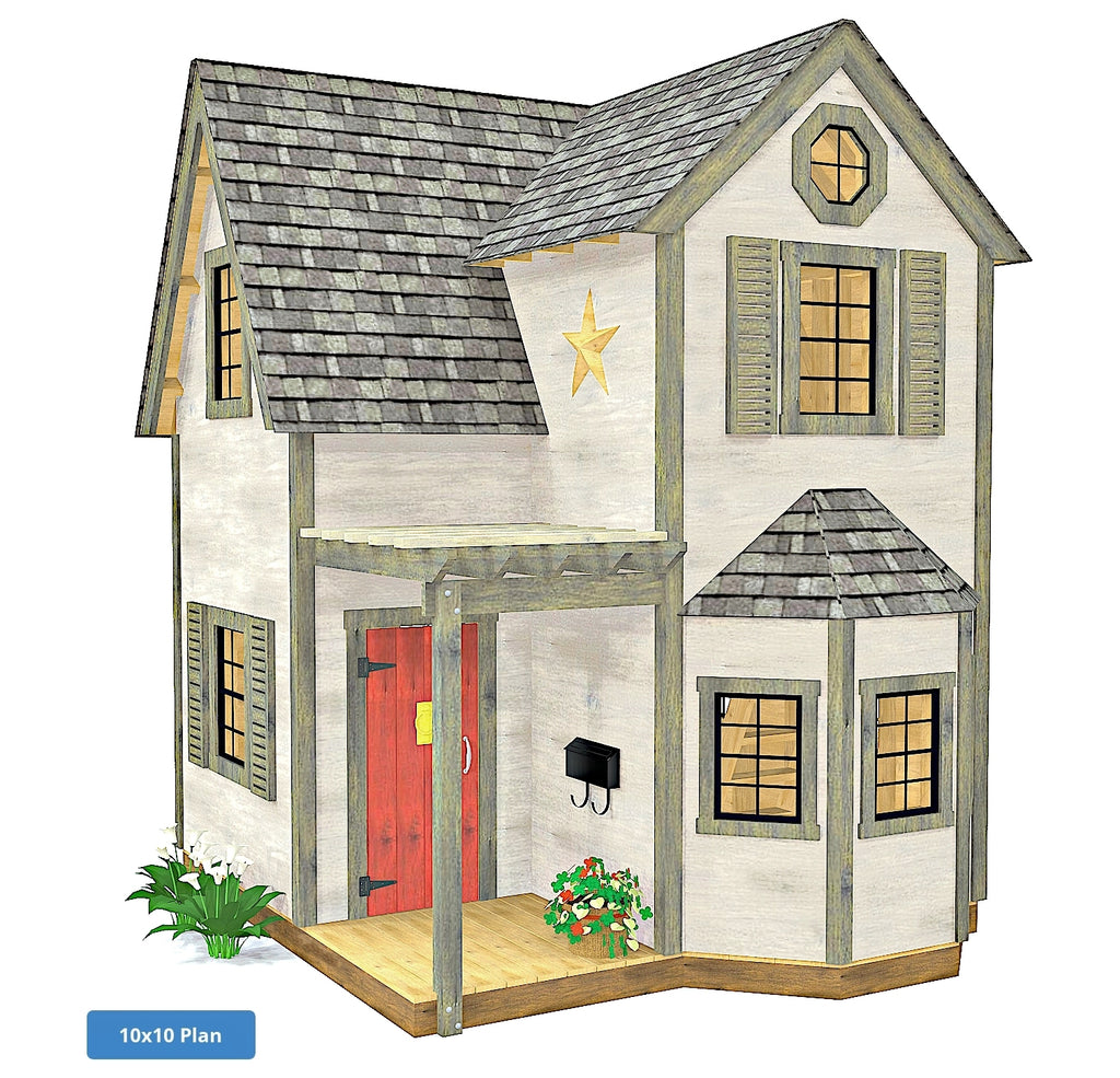 Two story, hip roof playhouse with pergola and red door