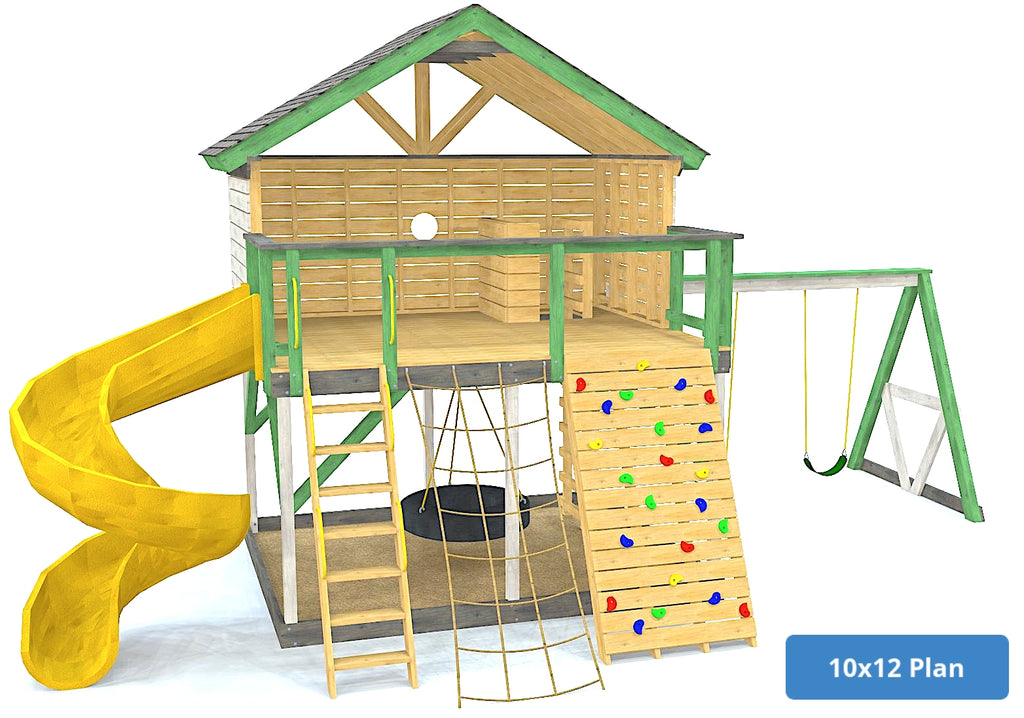 10x12 green elevated backyard playset with swings, tireswing, slide, cargonet and rockwall