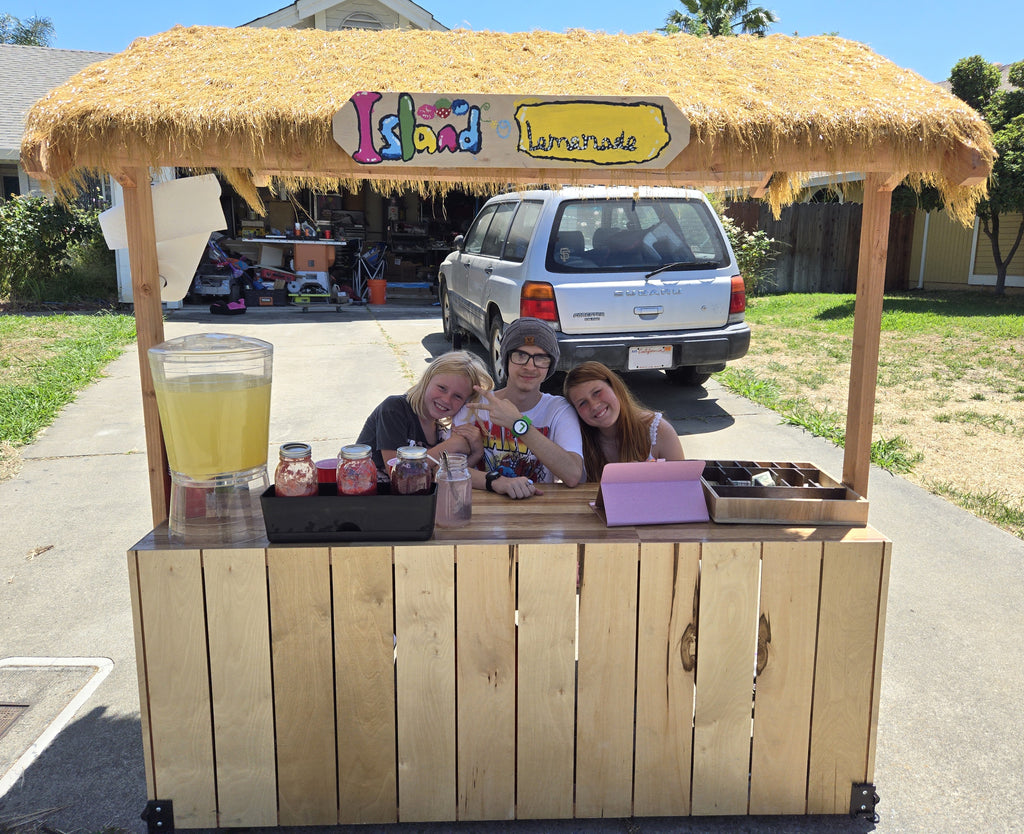 Thatched roof lemonade stand at the end of a driveway with three kids.