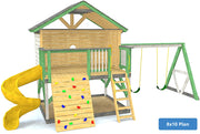 8x10 green elevated backyard playset with swings, slide and rockwall