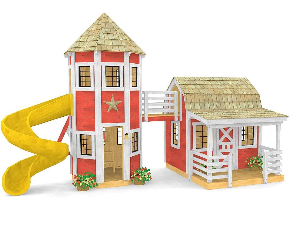Small backyard Barn and silo playhouse connected by a bridge