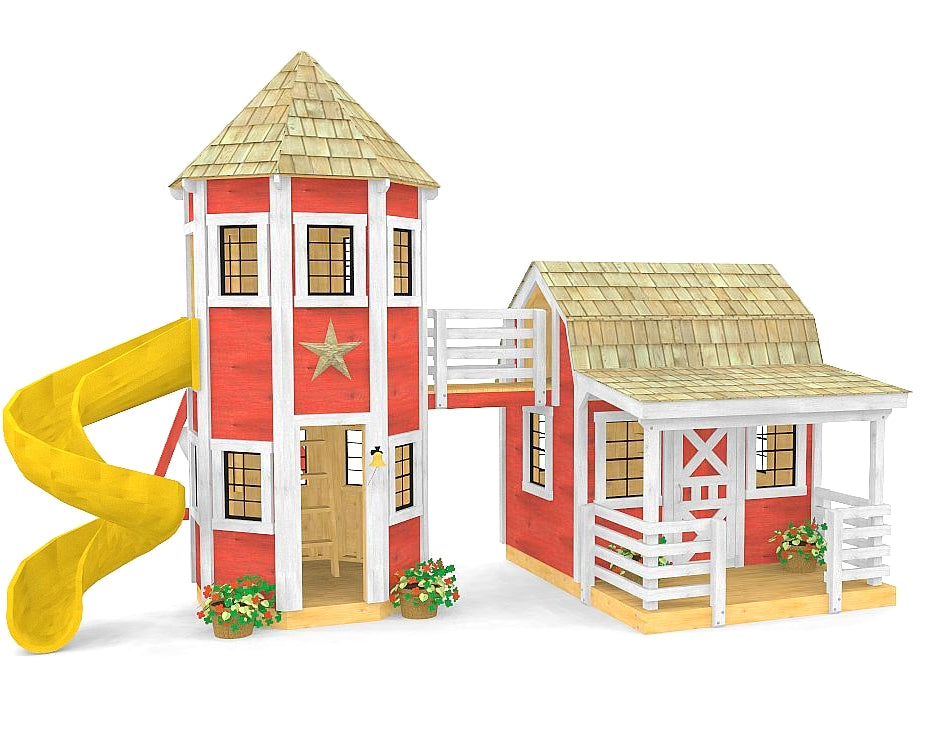 Small backyard Barn and silo playhouse connected by a bridge