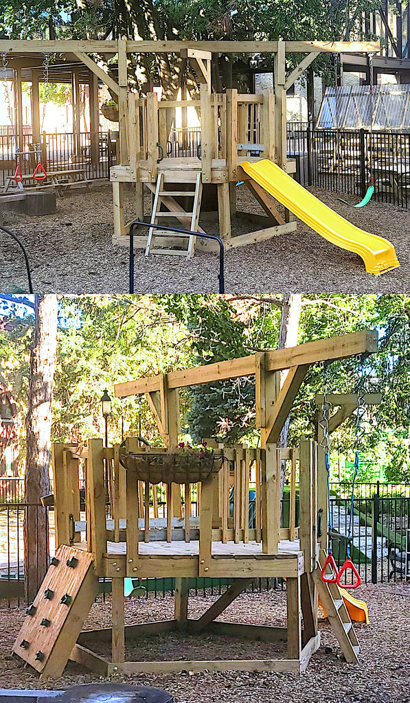 Wooden playground structure with slides and swings in a preschool outdoor setting.