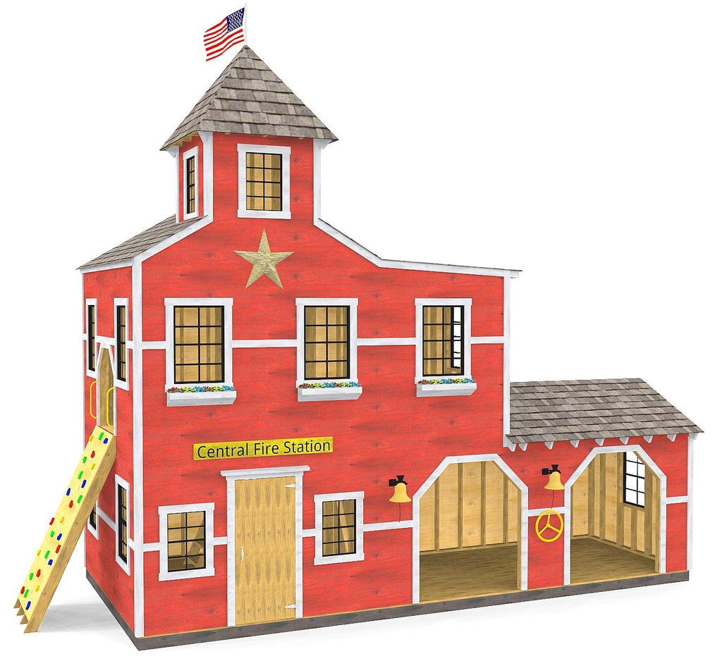 Large, 3 level fire station playhouse with rock wall and dual garage.