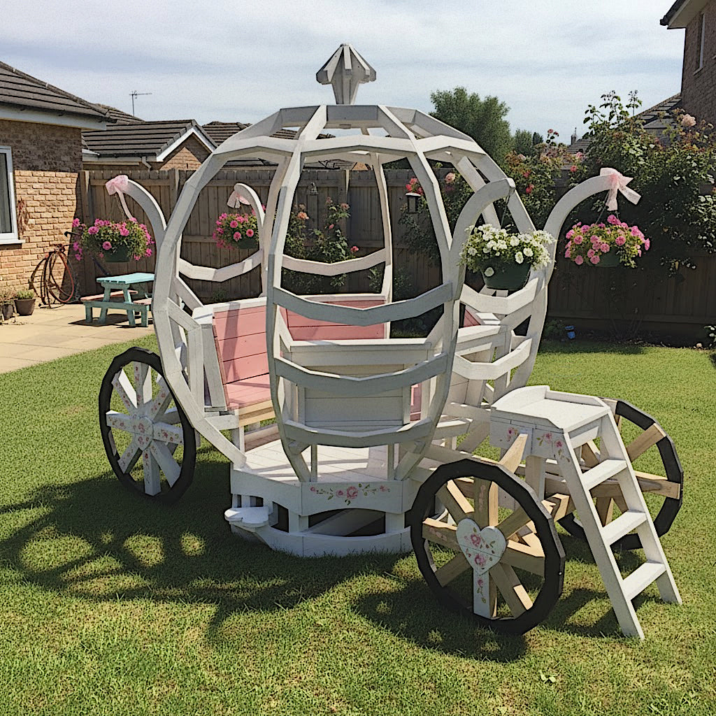 Girl's playset themed like a Cinderella carriage in a backyard.