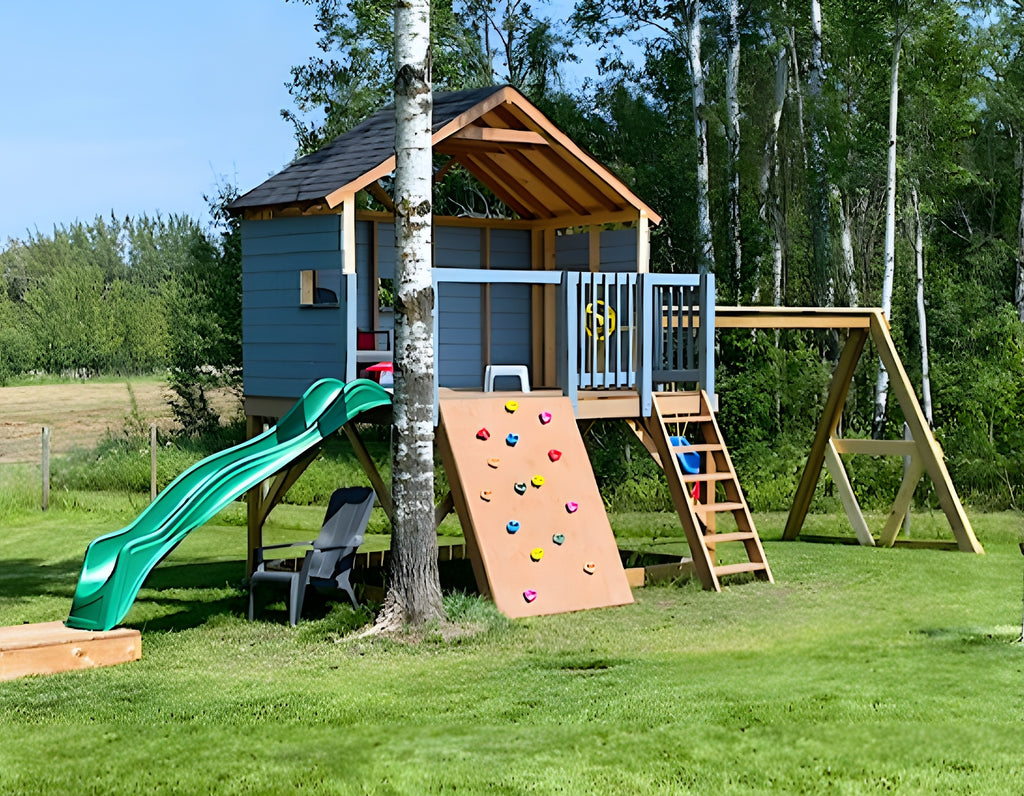 Blue open concept playhouse design in a backyard setting.