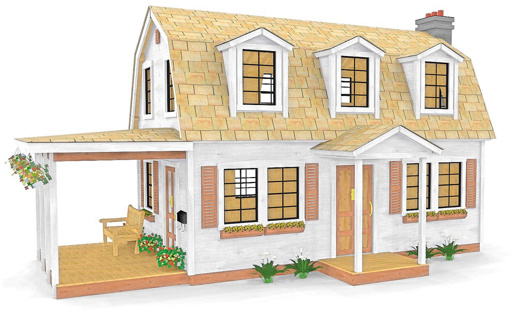 Colonial themed playhouse with 2 floors, porch, dormers and flower boxes.