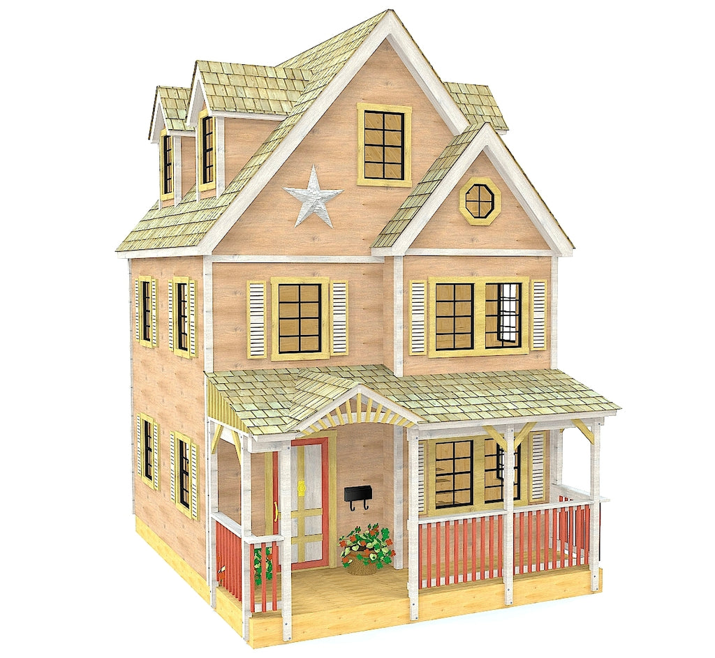 Large, 3 story Victorian playhouse with dormers and front porch