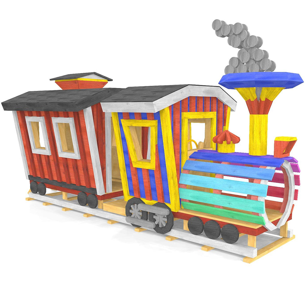 Whimsical  outdoor train playset. Features an engine and caboose.