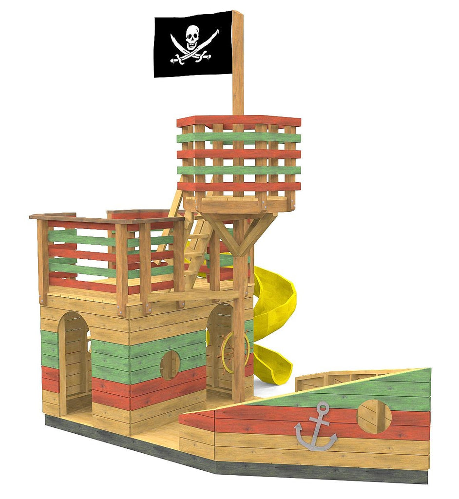 Simple, three level pirate ship with slide, crow's nest and captain's cabin.