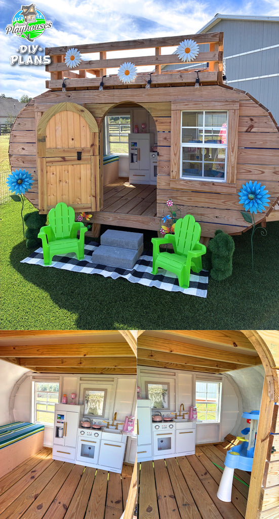 Camper playset plan with kitchen set and green chairs.
