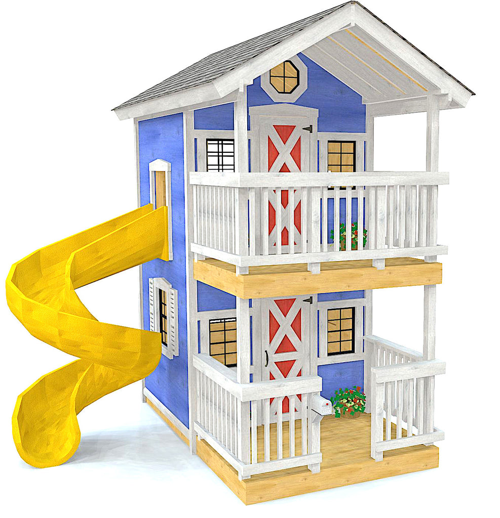 Blue and white, two story, double stacked deck playhouse with spiral slide and gable roof