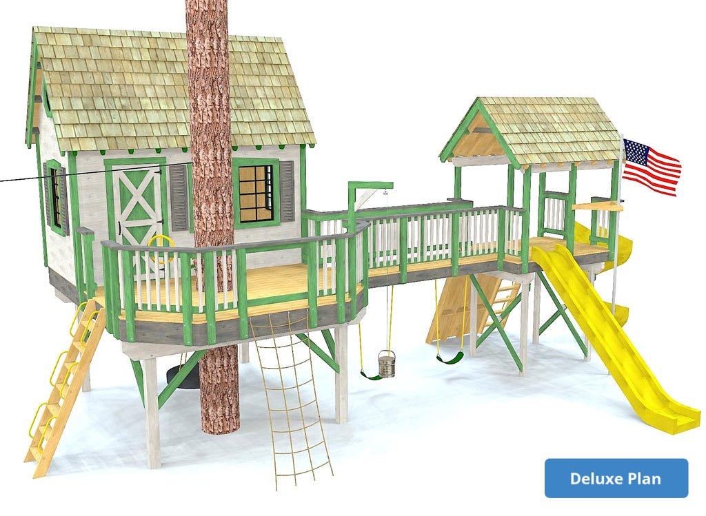 Elevated treehouse playhouse with bridge and accessories
