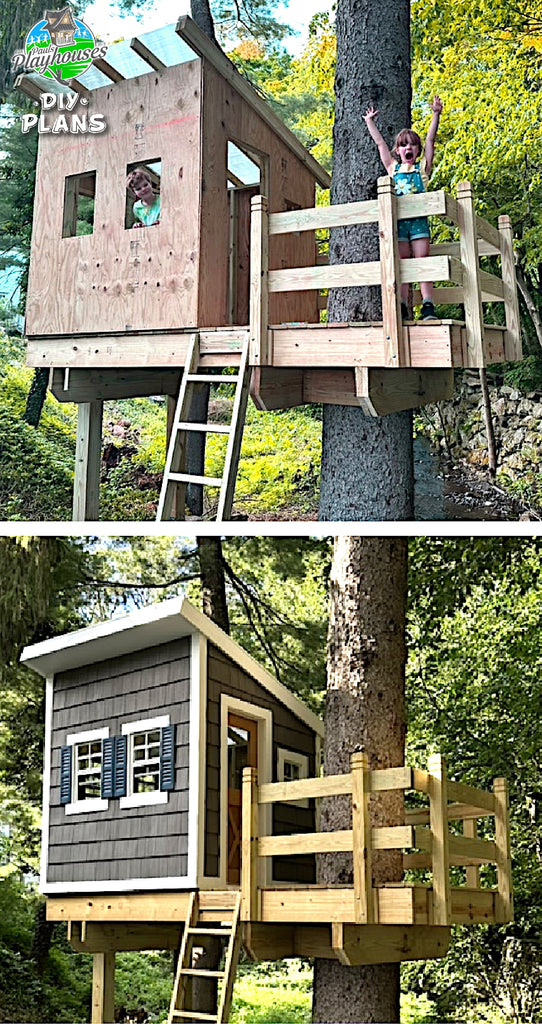 Boy and girl playing on 8x8 treehouse with porch and lean-to roof